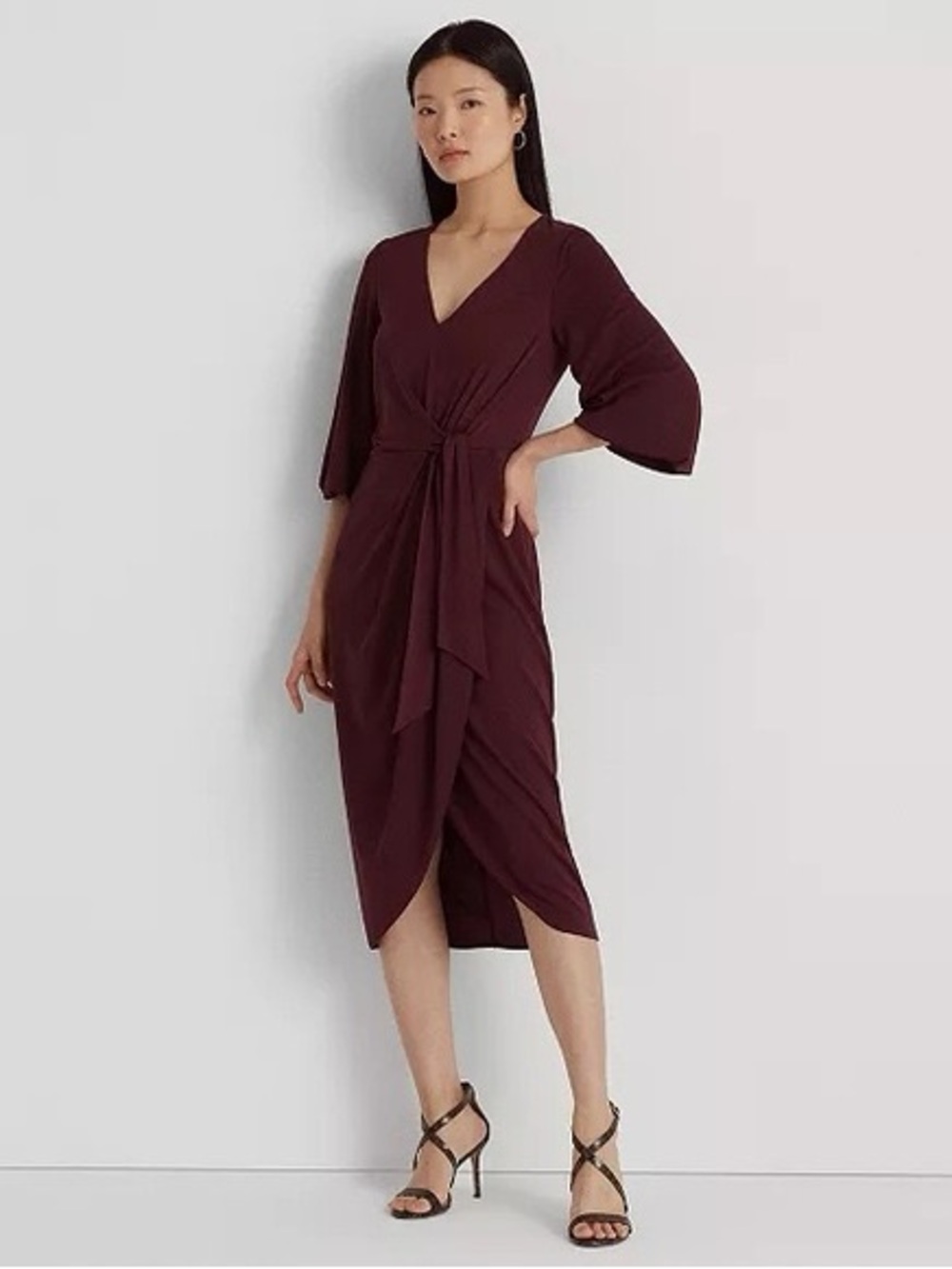 Lauren Ralph Lauren Maroon Stretch Jersey Tie-Front Midi Dress